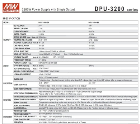 جدول مشخصات منبع تغذیه DPU-3200