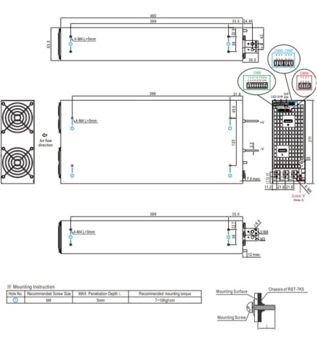 مشخصات مکانیکی منبع تغذیه RST-7K5/15K فن دار