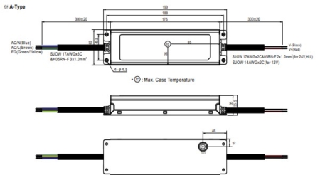 نقشه سه نمای درایور LED سری XLG-200-A-TYPE