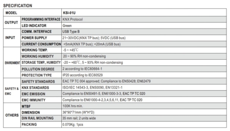 جدول مشخصات KSI-01U